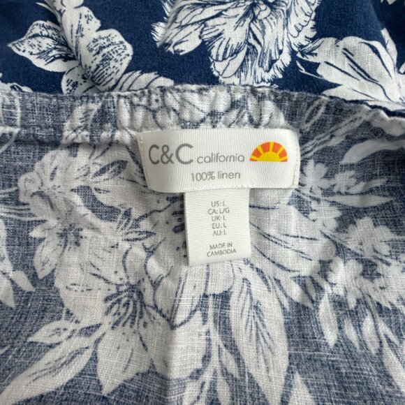 C&C California Womens Blue and White Floral Square Neck Linen Top Blouse Large - Picture 3 of 8